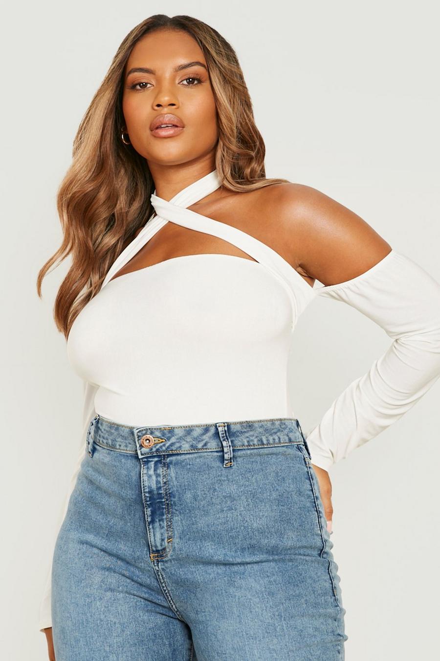 White Plus Cold Shoulder Double Layer Bodysuit image number 1