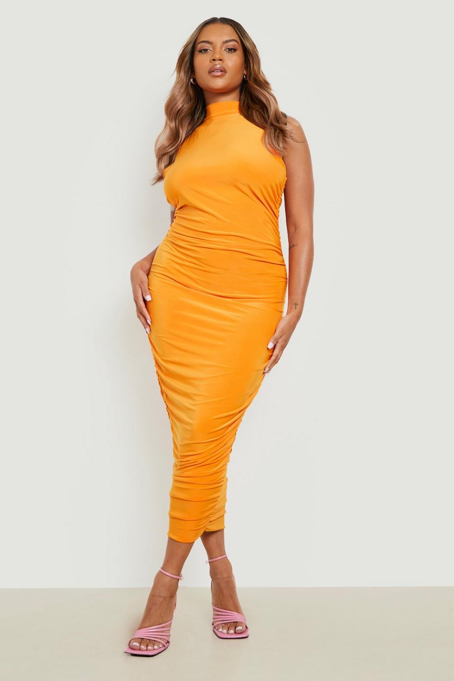 Orange Plus Double Layer Ruched Midi Dress