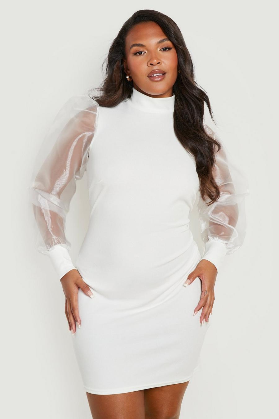 Ivory Plus Organza Sleeve Bodycon Dress image number 1
