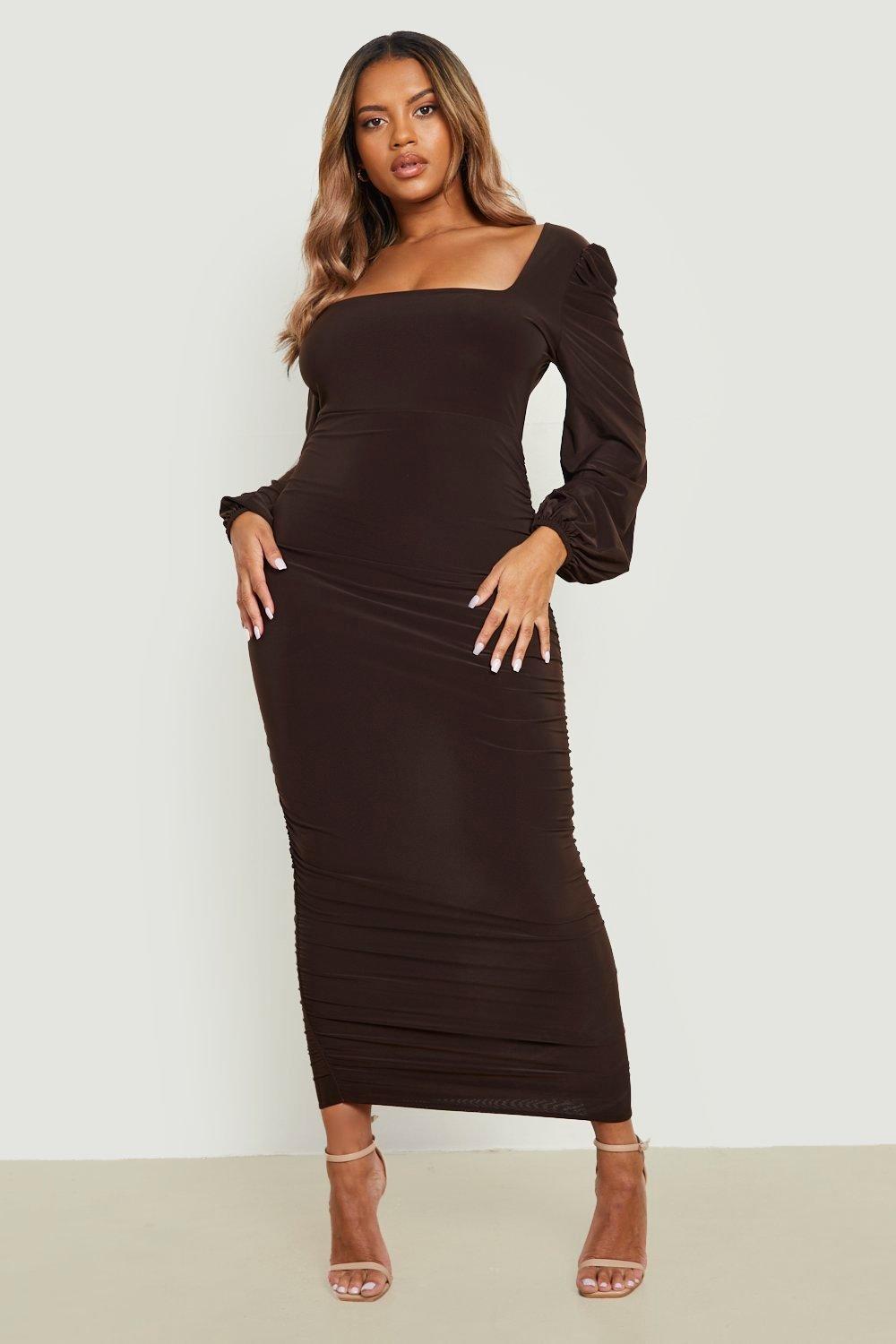 Vestido Plus midi de tela doble con escote cuadrado | boohoo