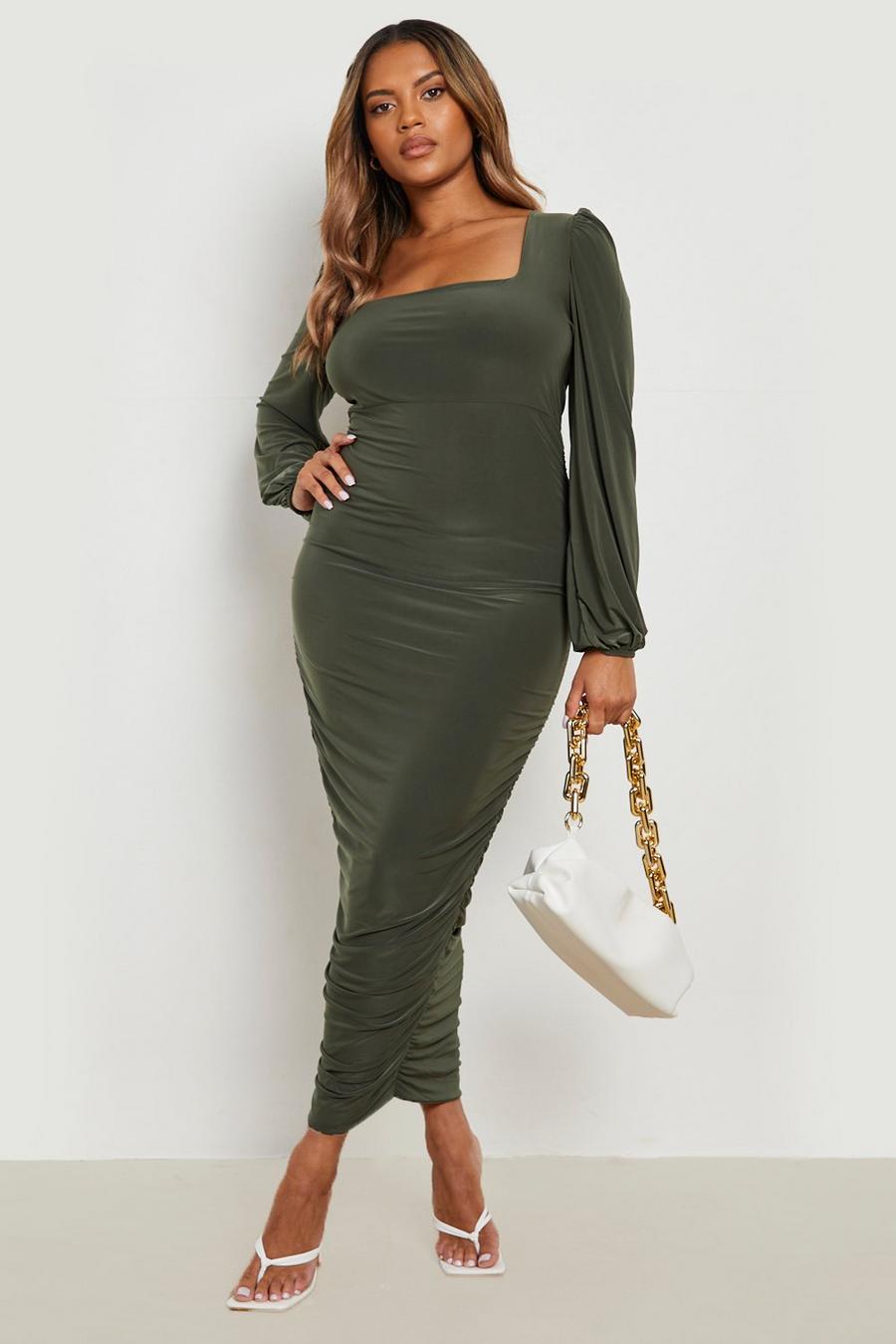 Olive green Plus Double Layer Square Neck Ruched Maxi