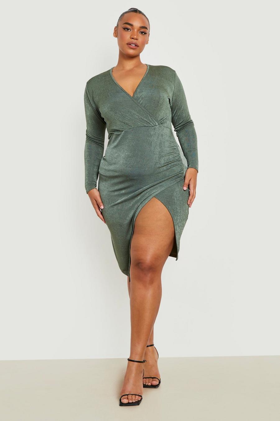 Grande taille - Robe portefeuille soyeuse, Khaki image number 1