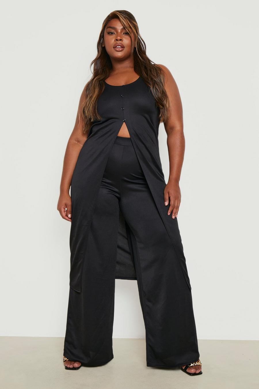 Black Plus Button Front Maxi Top & Wide Leg Trousers Co-Ord image number 1