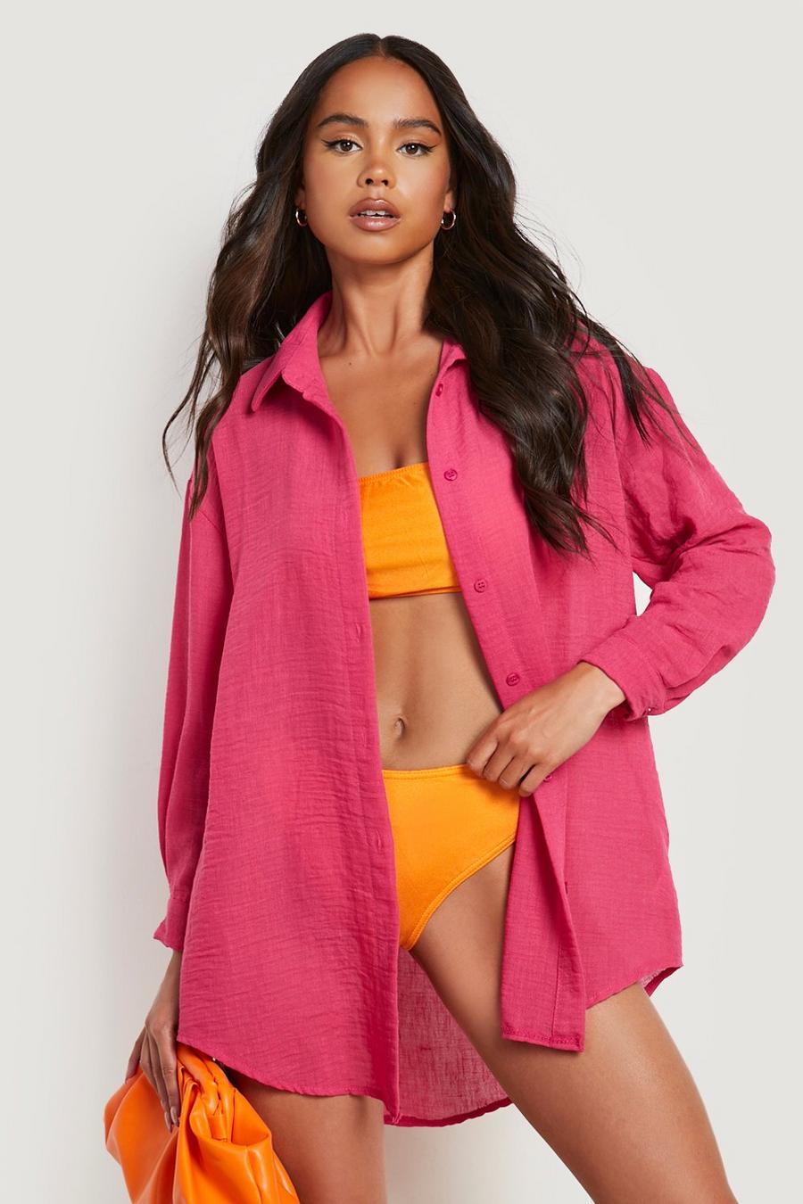 Hot pink Petite Linen Oversized Beach Shirt