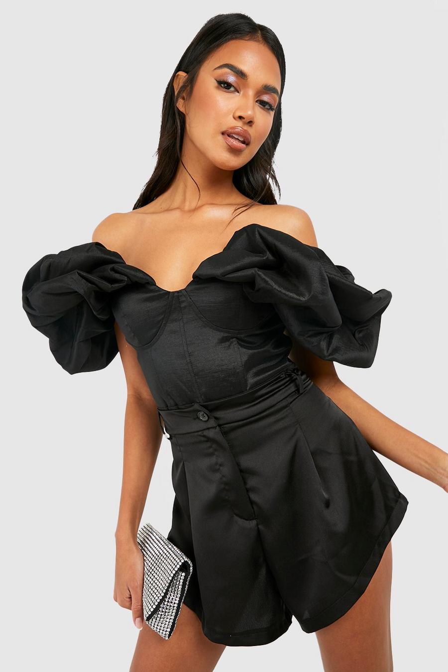 Black Bardot Taffeta Volume Sleeve Bodysuit