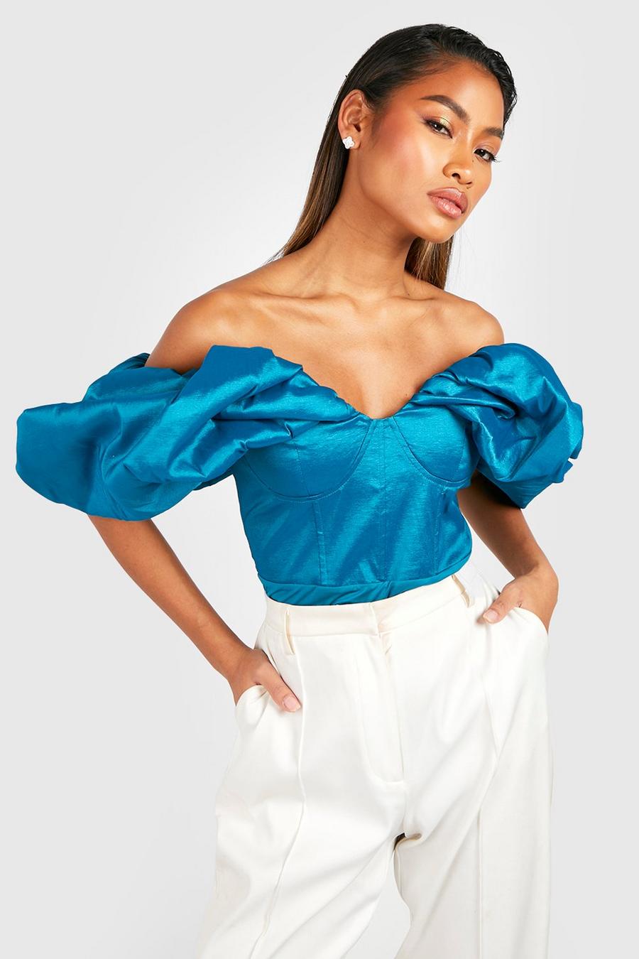Blue Bardot Taffeta Volume Sleeve Bodysuit image number 1