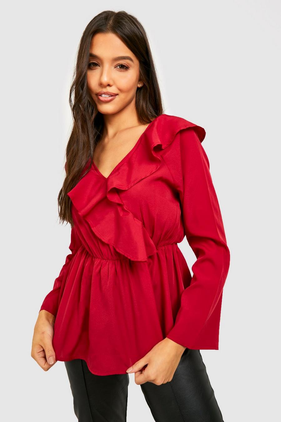 Berry red Woven Frill Detail Bardot Top