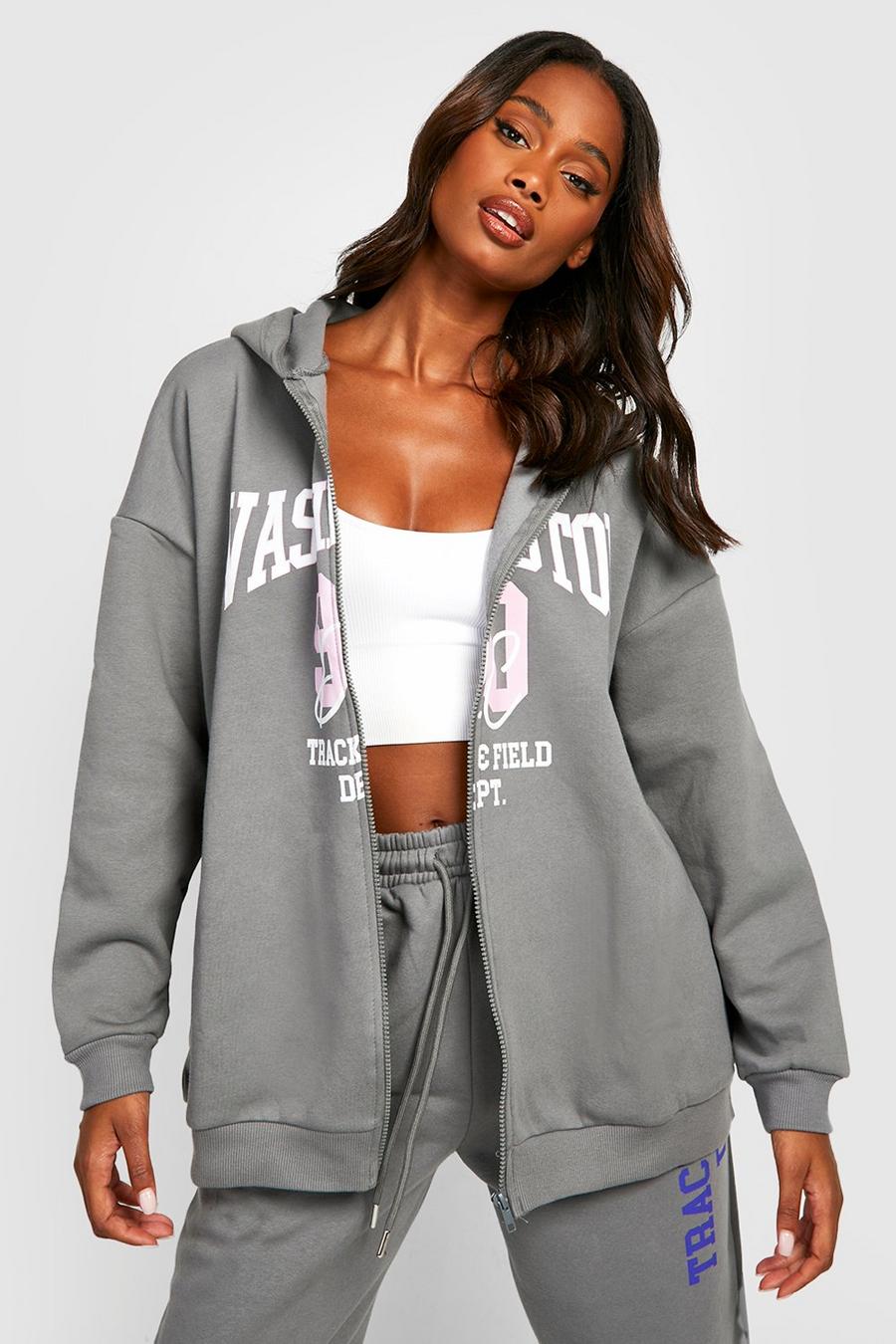 Charcoal grey Varsity Oversized Zip Through Hoodie 