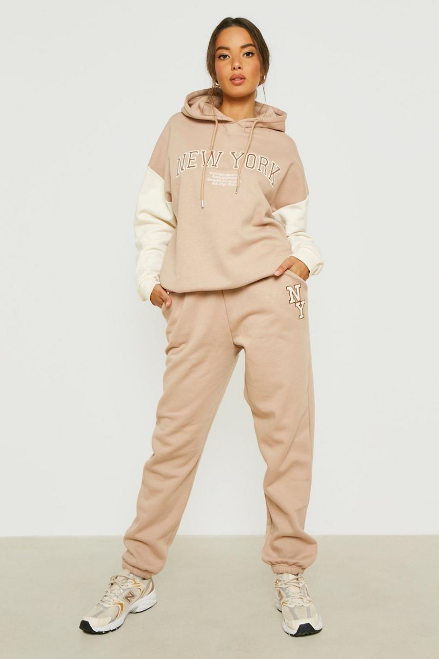 Taupe beige New York Colour Block Hoodie