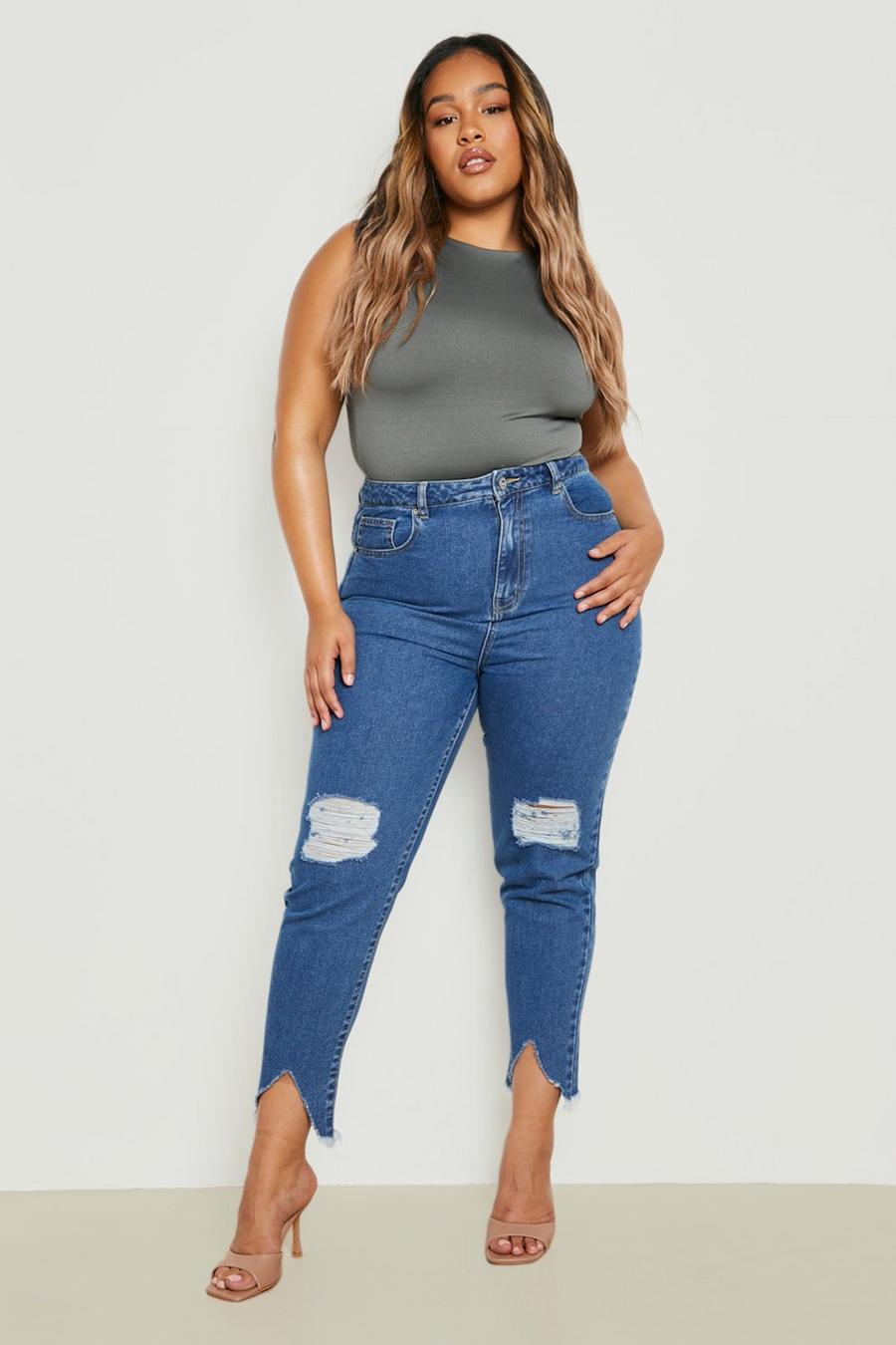 Jeans Mom Plus Size a vita alta con strappi e smagliature, Blue azul image number 1