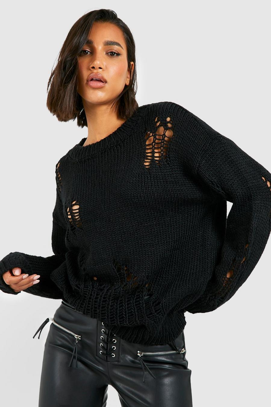 שחור סוודר עבה עם תפר סולם image number 1