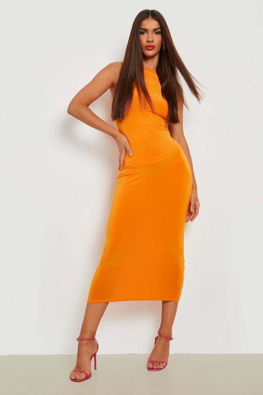 Orange Slinky High Neck Racer Midaxi Dress