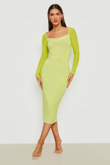 Slinky Mesh Sleeve Midi Dress lime