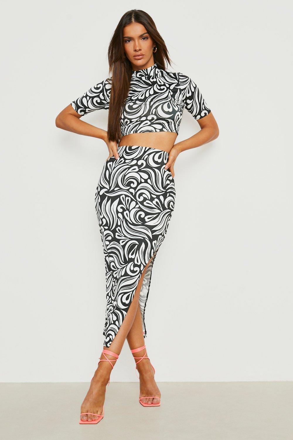 Black Swirl Print Slinky Split Midaxi Skirt