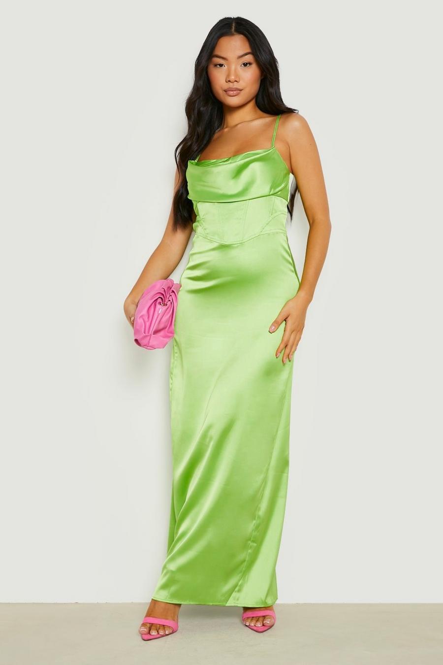 ליים green שמלת מקסי עם חזית נשפכת ועיצוב מחוך, למידות פטיט