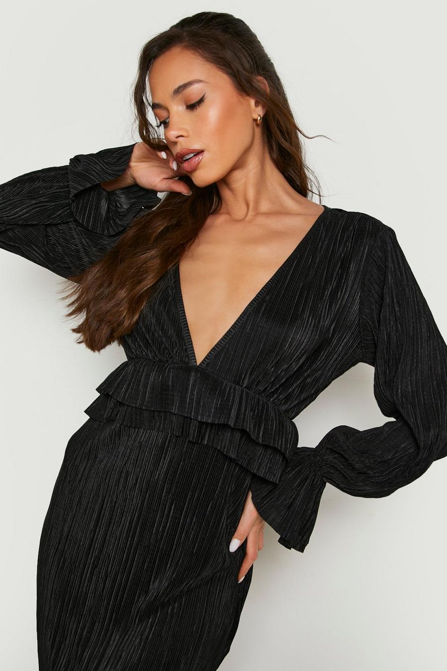 Black Plisse Long Sleeve Ruffle Detail Mini Dress image number 1