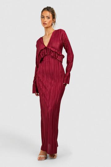 Plisse Long Sleeve Ruffle Detail Maxi Dress berry