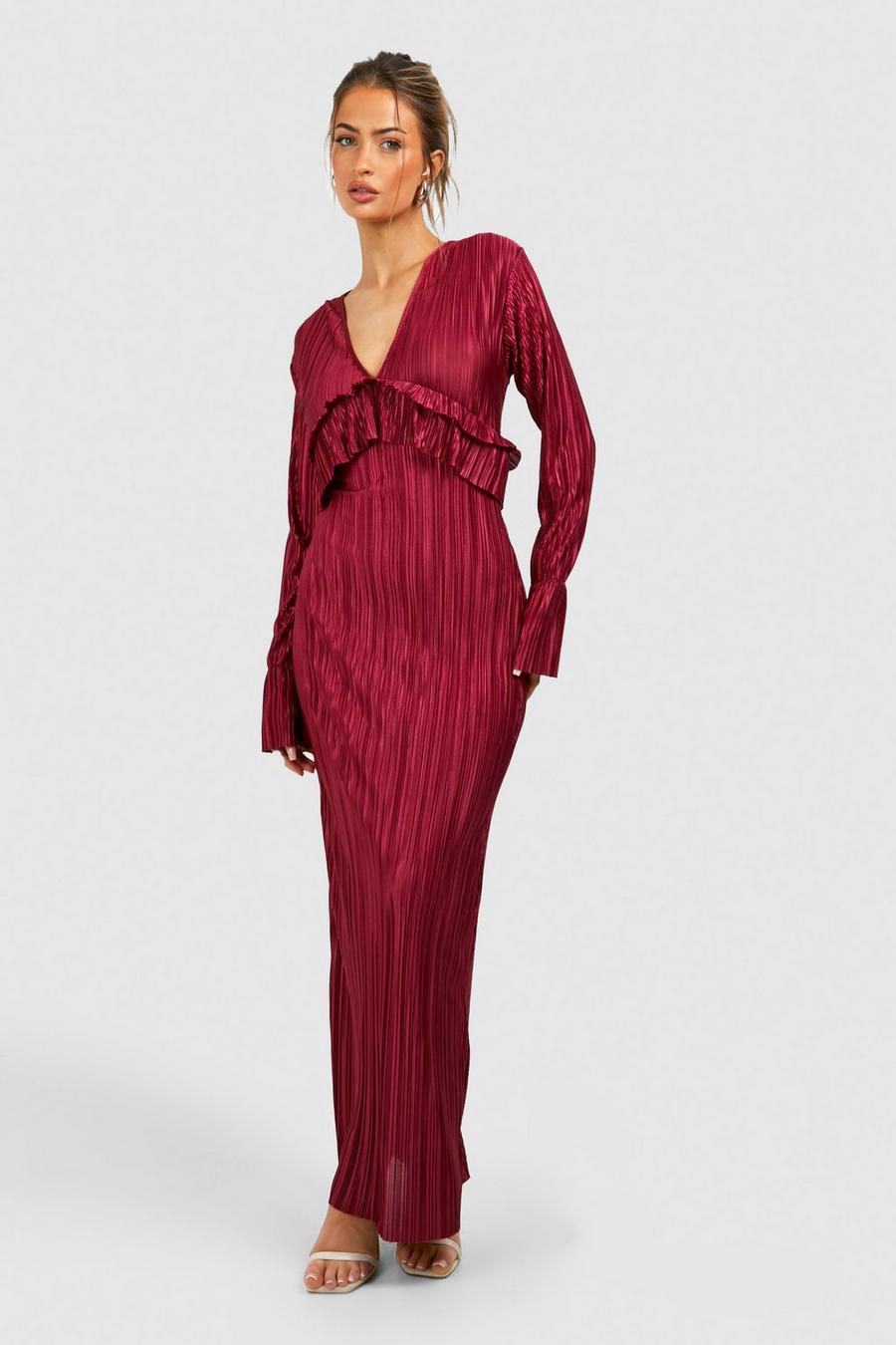 Berry Plisse Long Sleeve Ruffle Detail Maxi Dress