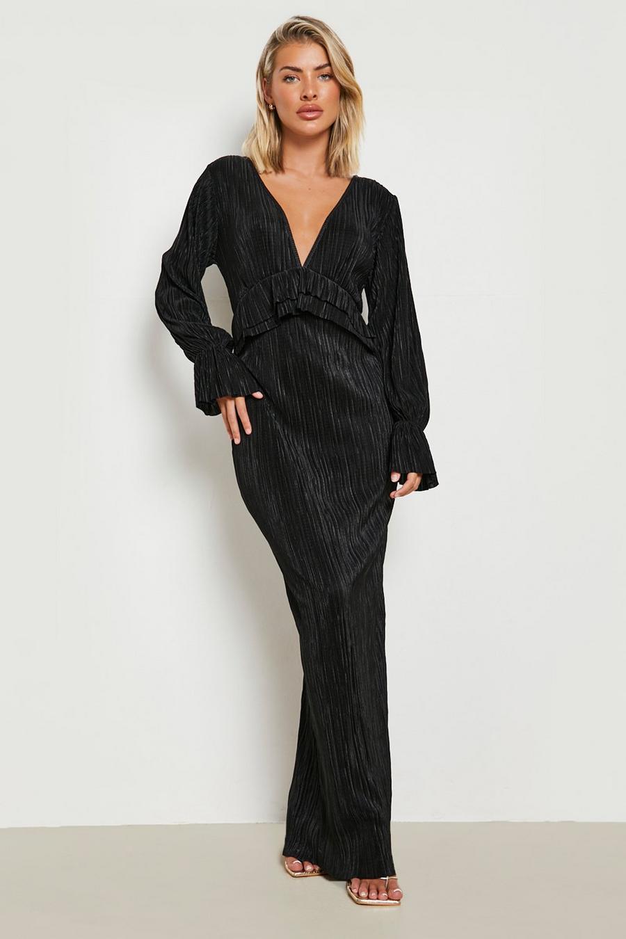 Black Plisse Long Sleeve Ruffle Detail Maxi Dress image number 1