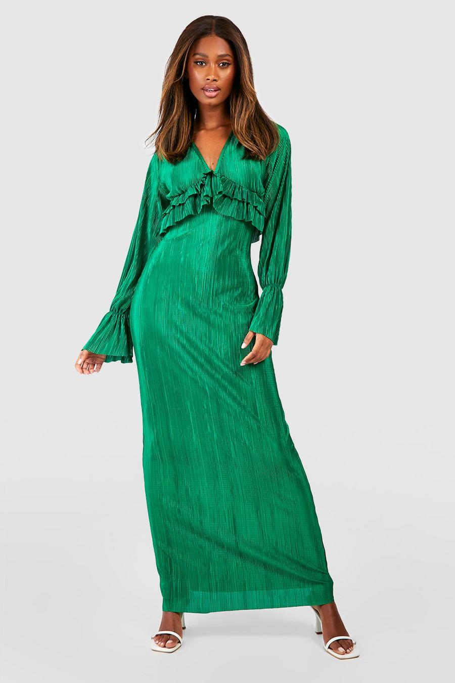 Green Plisse Long Sleeve Ruffle Detail Maxi Dress