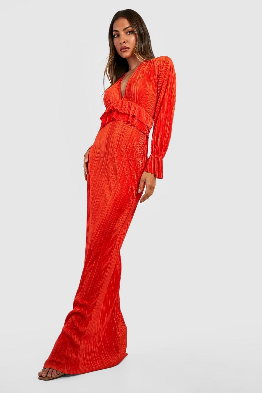 Orange Plisse Long Sleeve Ruffle Detail Maxi Dress image number 1