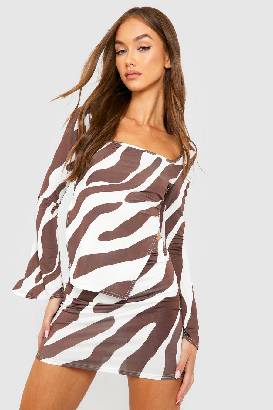 Chocolate brown Zebra Print Puff Sleeve Top