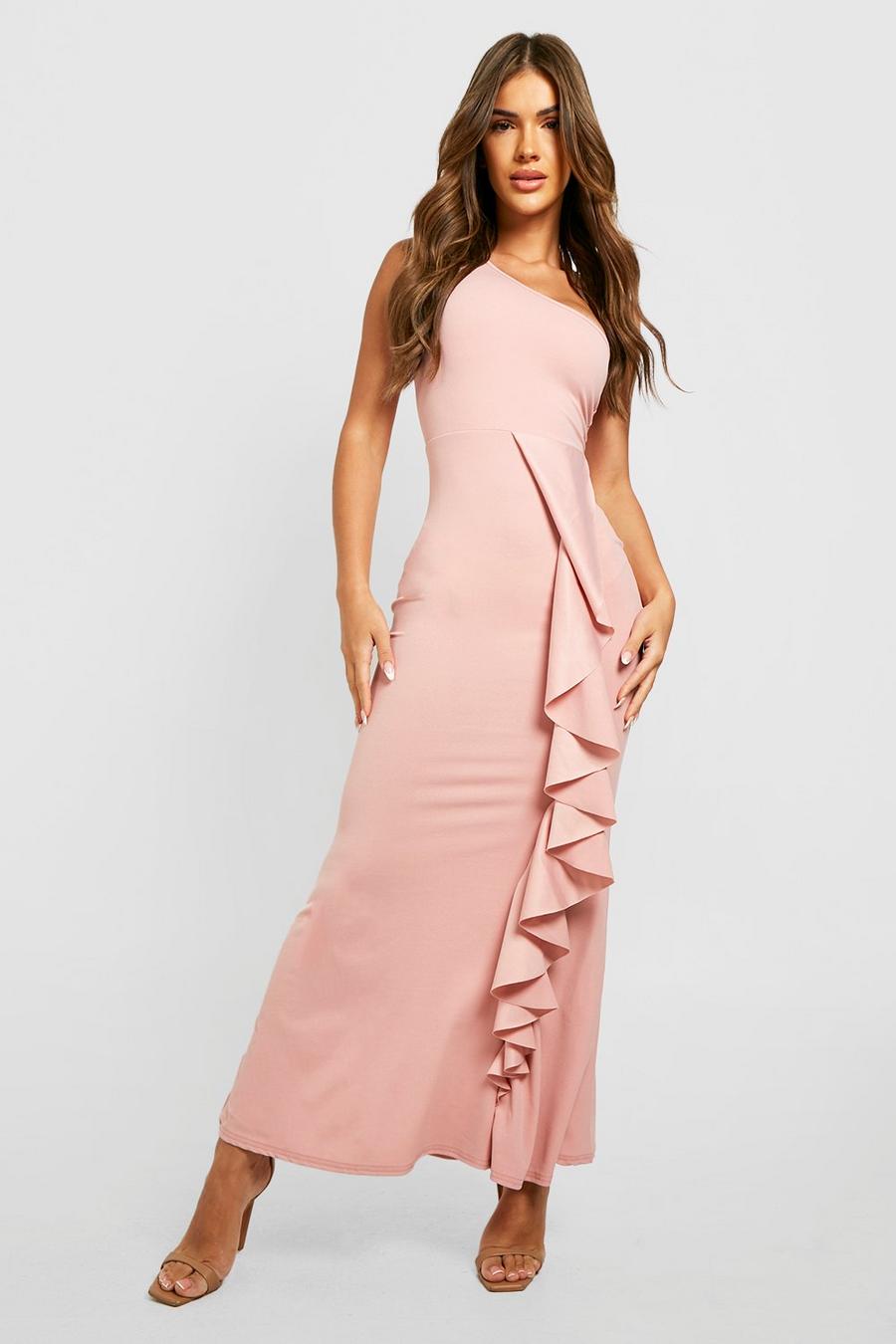 Rose pink One Shoulder Frill Maxi Dress