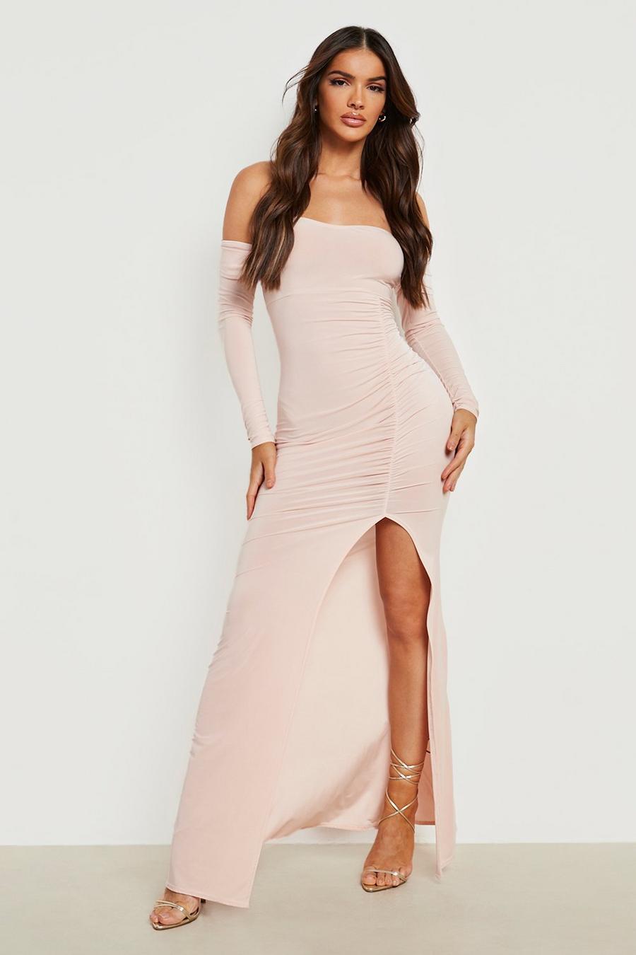 Champagne Bardot Long Sleeve Ruched Maxi Dress image number 1