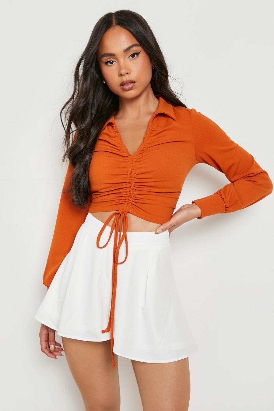 Rust Petite Collared Ruched Front Blouse image number 1