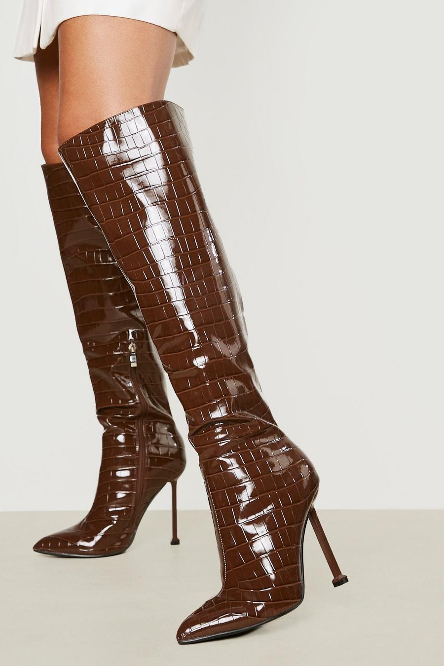 Chocolate Over The Knee Croc Heeled Boots image number 1