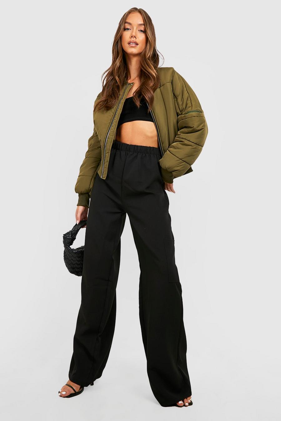Black High Waisted Crepe Cargo Wide Leg Trousers image number 1