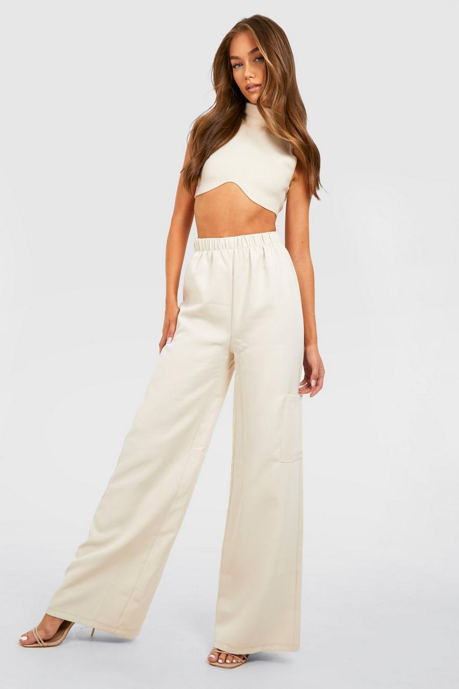 Ecru High Waisted Crepe Cargo Wide Leg Trousers image number 1