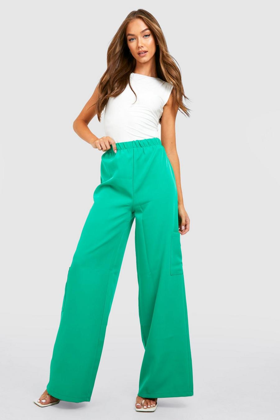 Green High Waisted Crepe Cargo Wide Leg Trousers image number 1