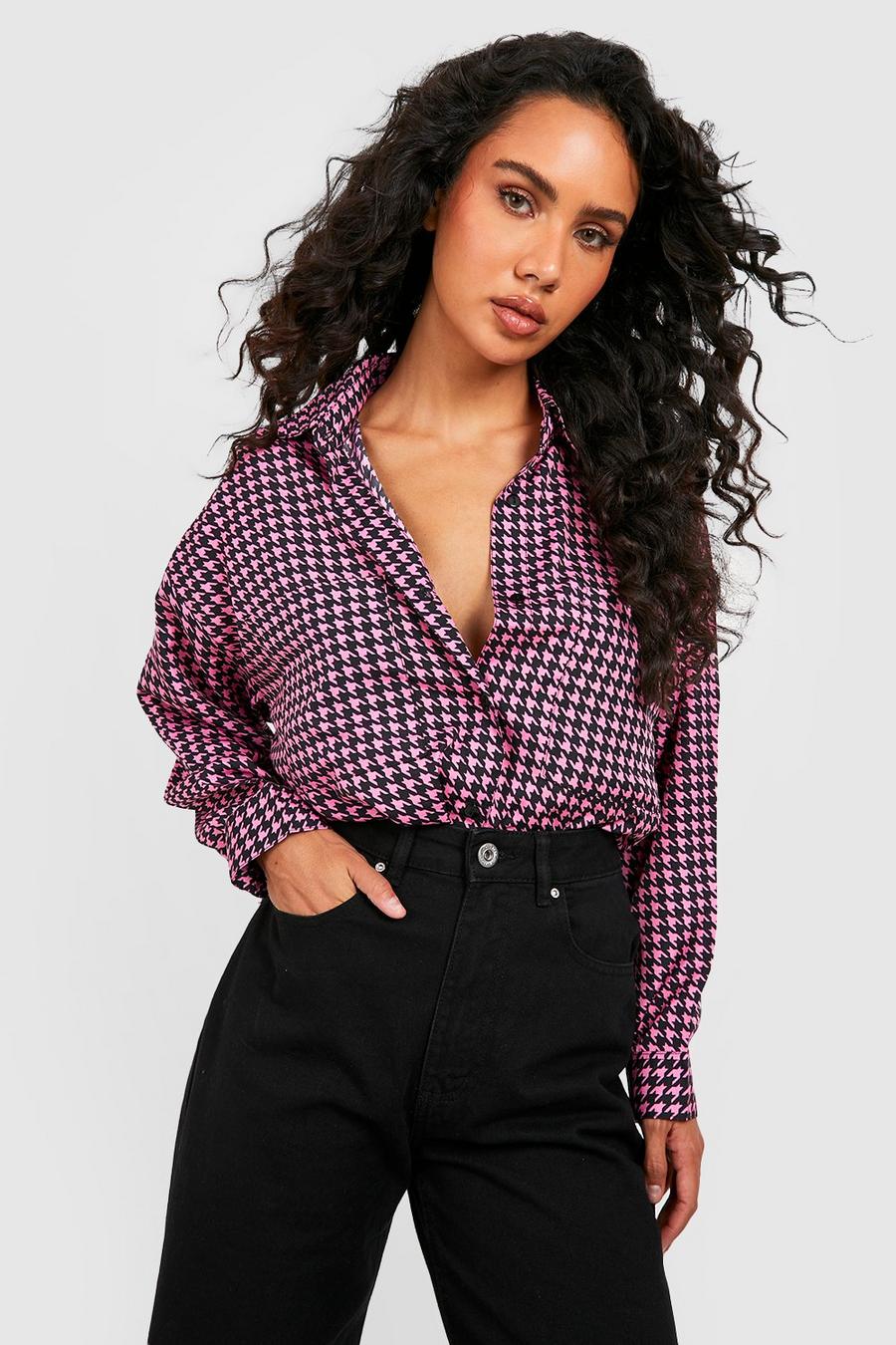 Pink Oversized Houndstooth Check Shirt  image number 1