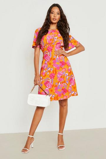 Floral Woven Angel Sleeve Skater Dress pink