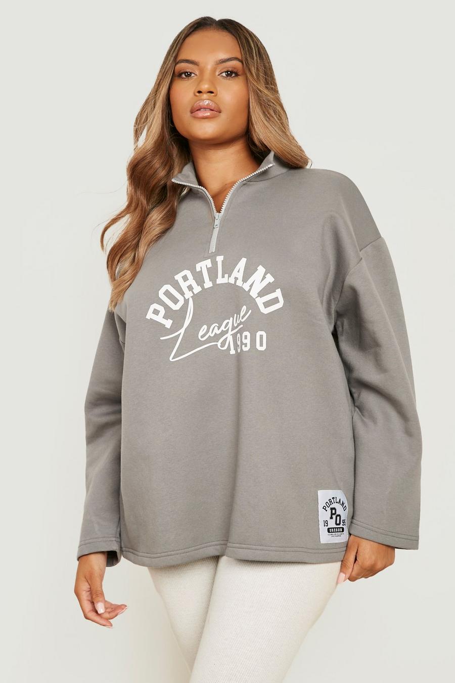 Charcoal grey Plus Portland Slogan Half Zip Oversized Printed Sweatshirt
