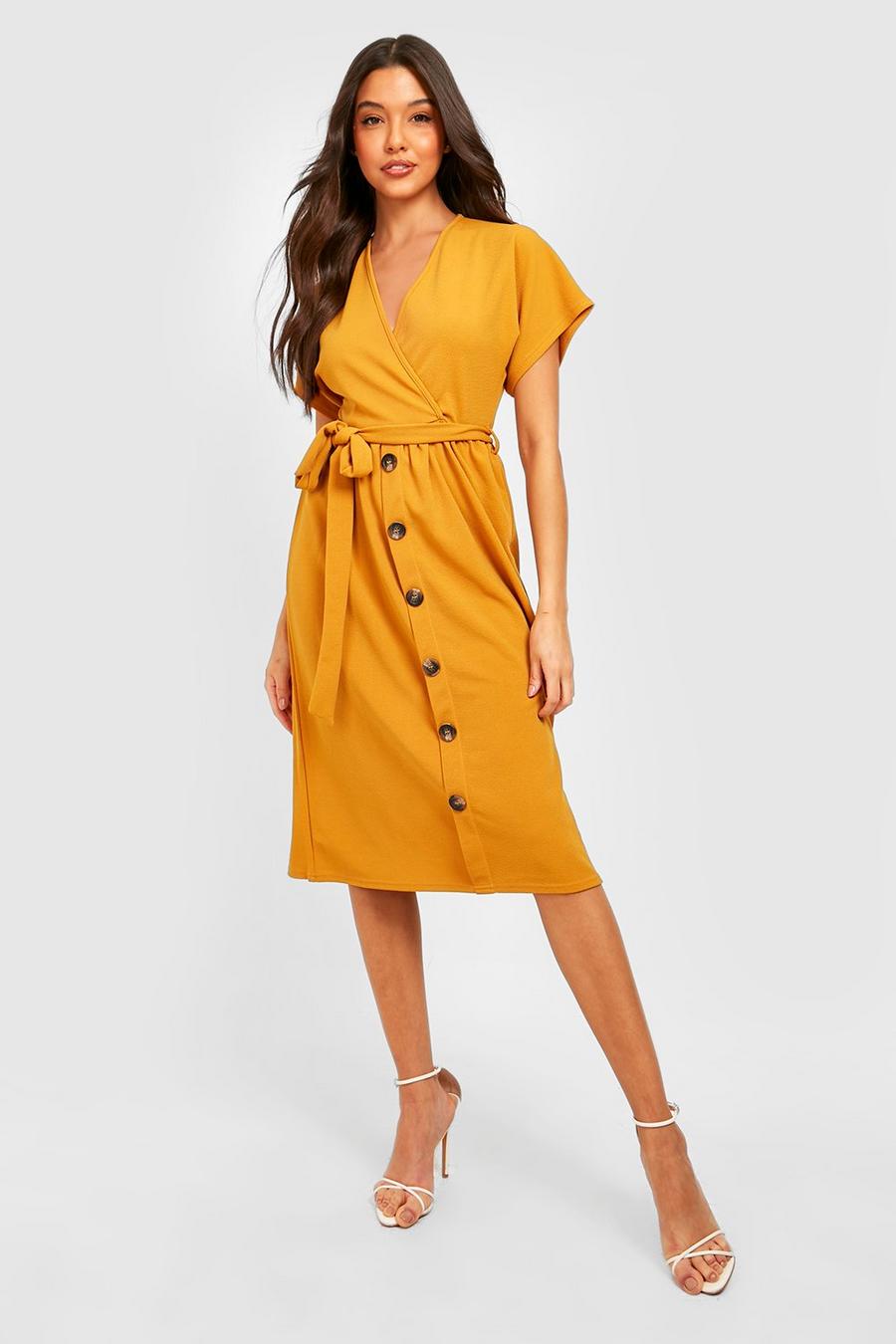 Mustard Belted Button-Down Midi Dress image number 1