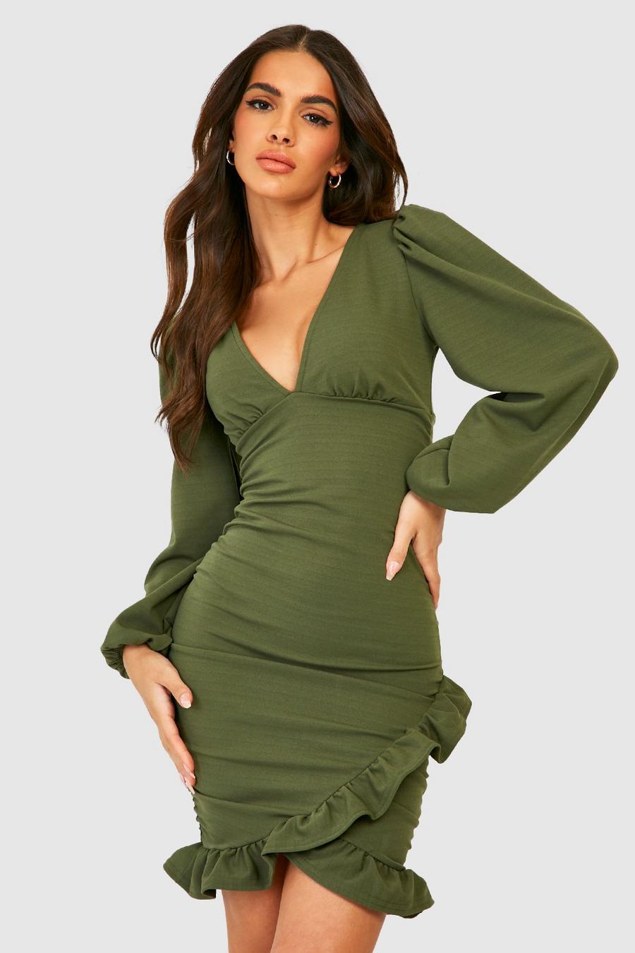 Olive green Blouson Sleeve Ruffle Wrap Dress