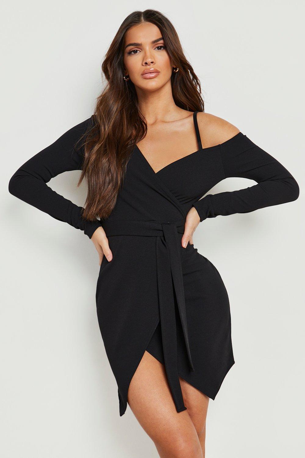 Black off the hot sale shoulder wrap dress