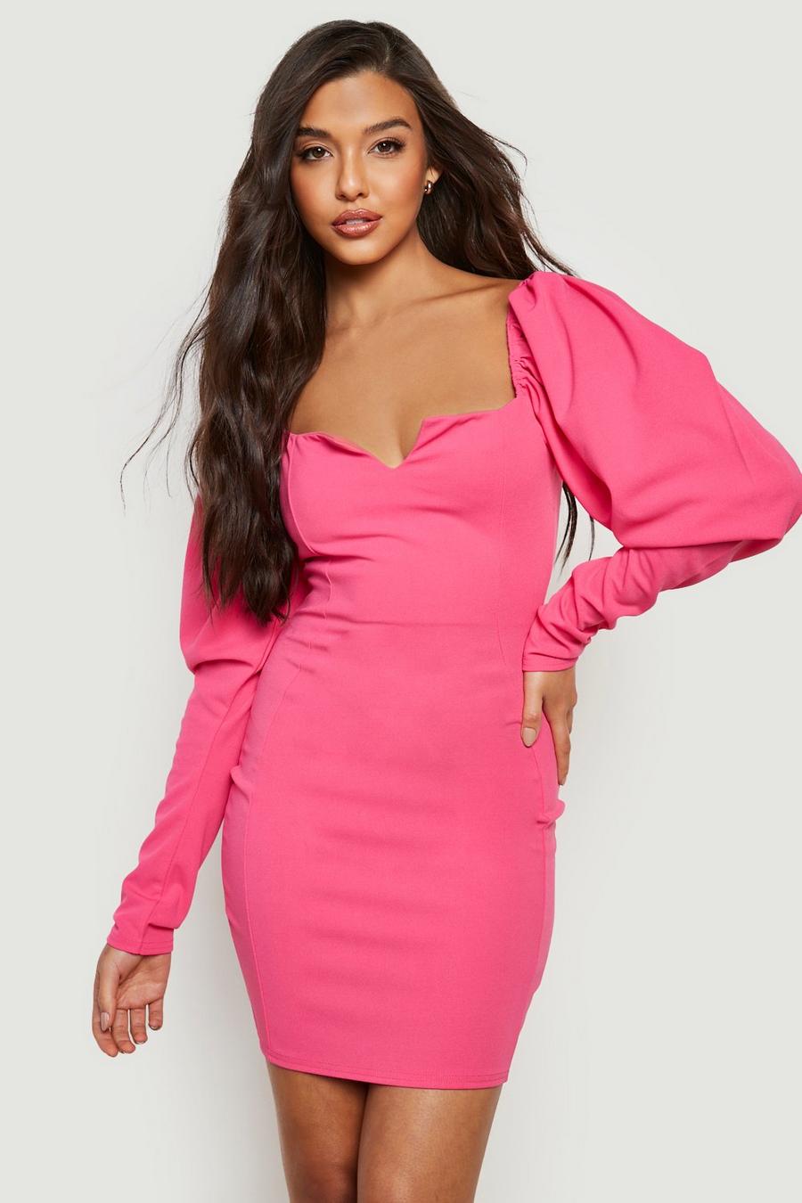 Hot pink Puff Sleeve V Neck Mini Dress