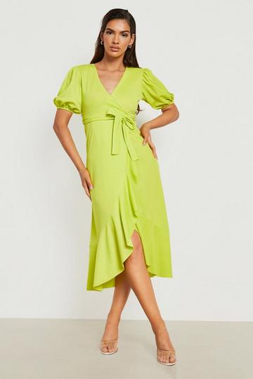 Ruffle Wrap Puff Sleeve Midi Dress chartreuse