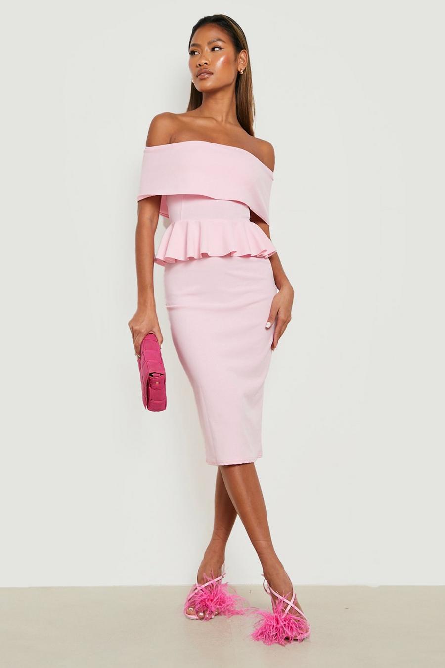 Pink Off The Shoulder Peplum Midi Dress image number 1