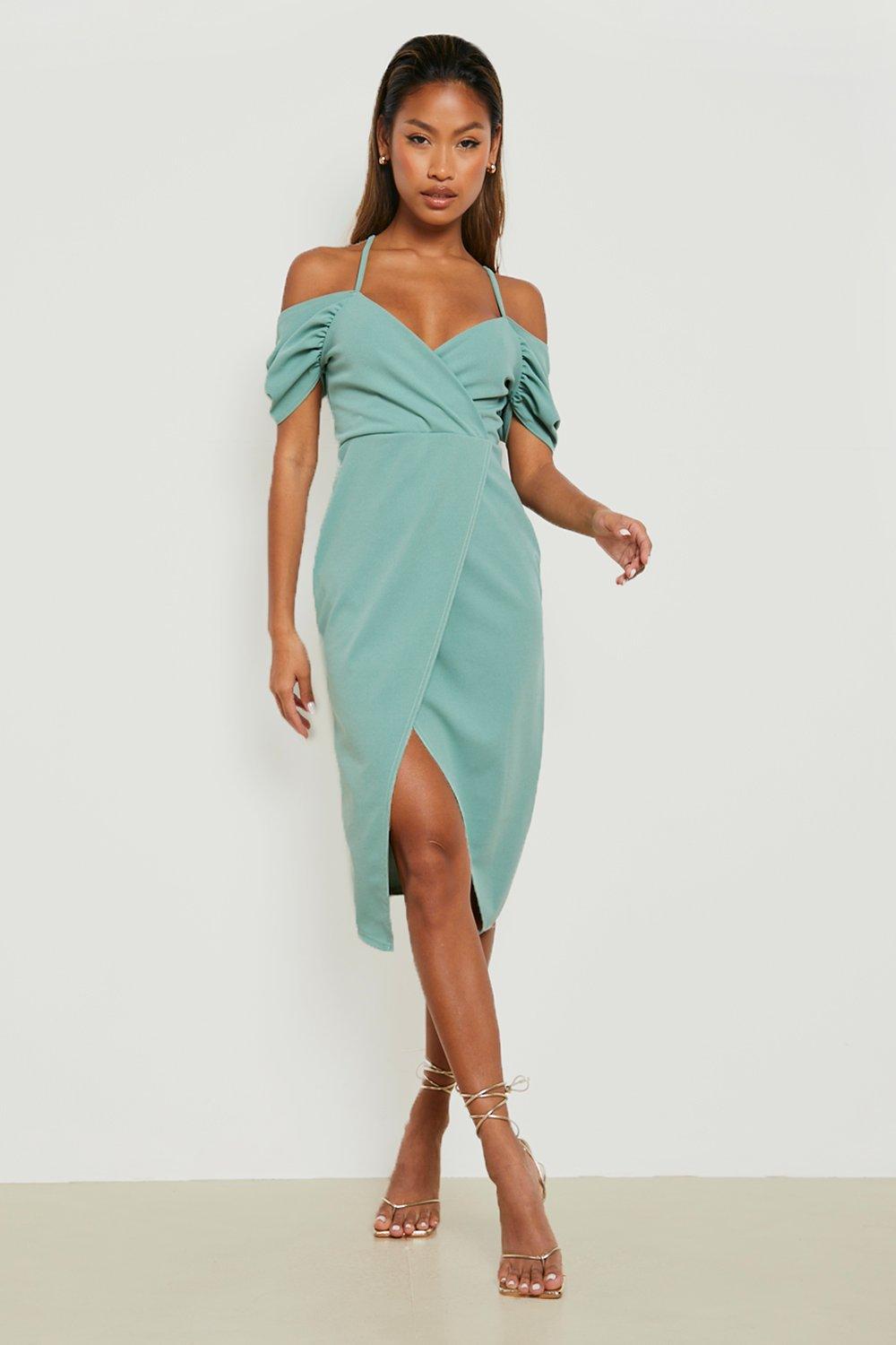 Off the shoulder store wrap midi dress boohoo