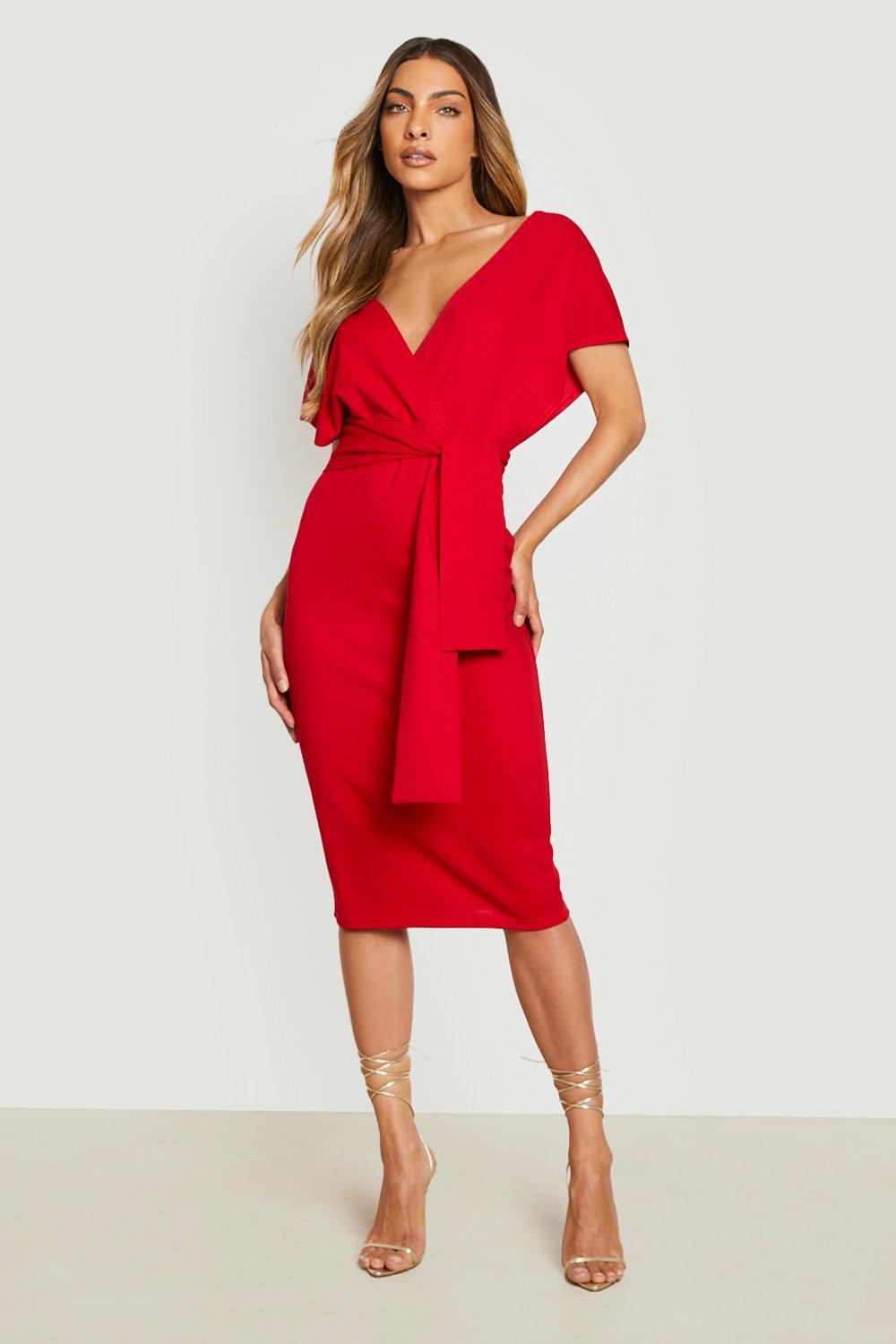 Boohoo red off the shoulder outlet dress