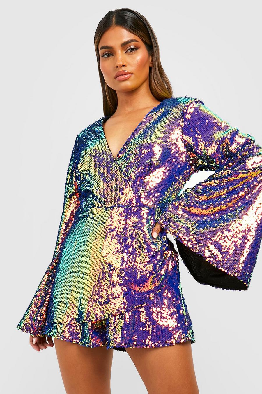 Multi Sequin Flare Sleeve Wrap Playsuit image number 1