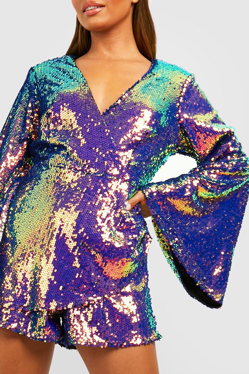 Sequin Flare Sleeve Wrap Romper