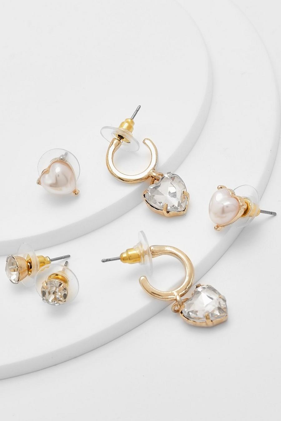 Gold metallic Faux Pearl Heart 3 Pack Earrings