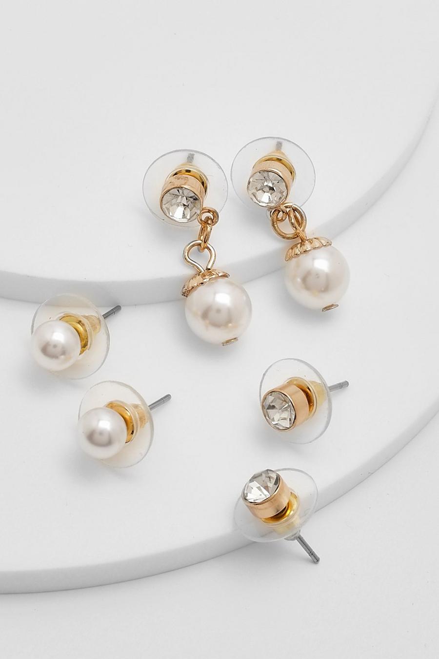 Gold métallique Faux Pearl Besel Drop 3 Pack Earrings