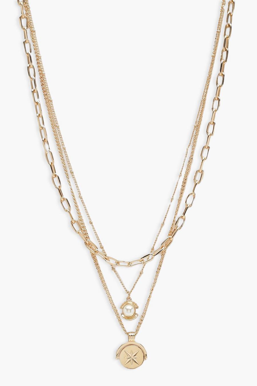 Gold Multi Disc Triple Chain Drop Necklace image number 1
