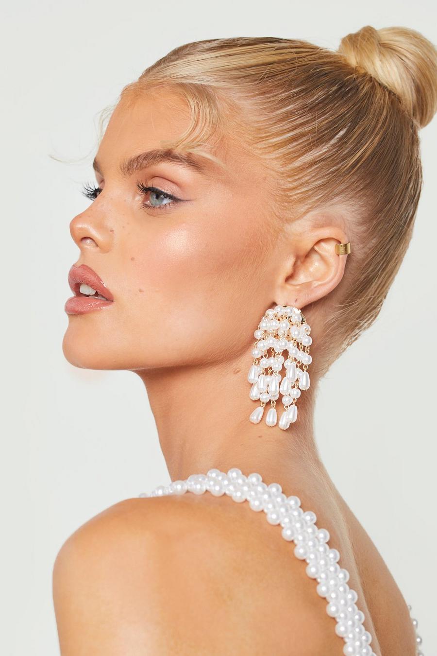White blanc Cluster Faux Pearl Tassel Drop Earrings